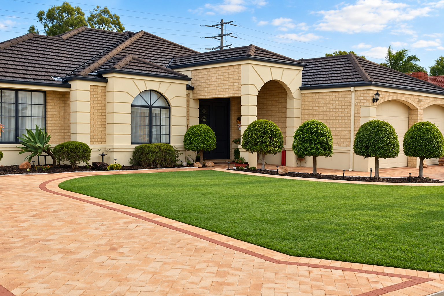 Landscaped Perth home with a manicured lawn and paved driveway